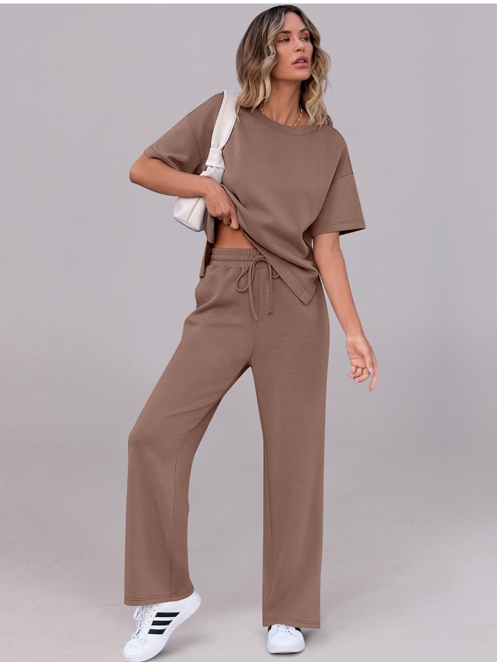 Women's Cozy Wide-Leg Lounge Pants Set - Taupe